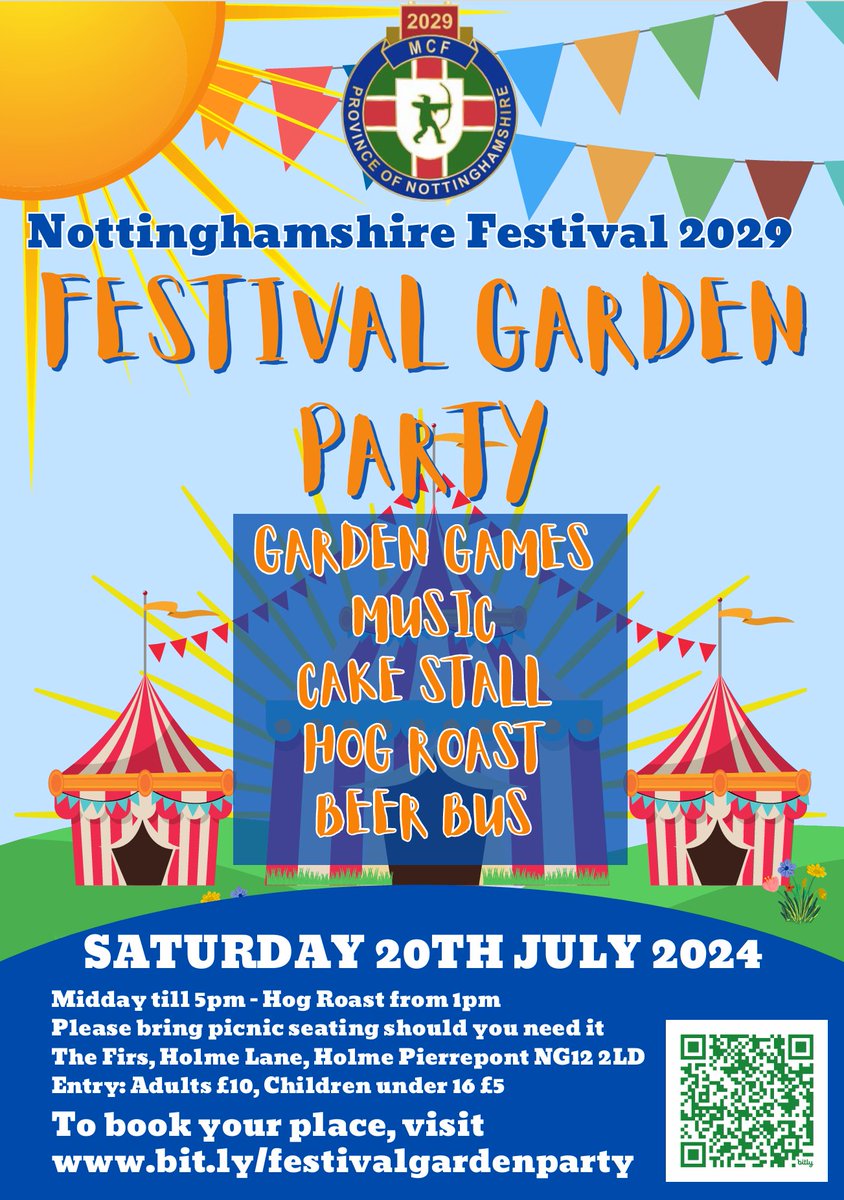 Join us for a day of fun, food, and festivities at the Festival Garden Party on Saturday, July 20th, 2024, from midday till 5pm! Entry is just £10 for adults and £5 for children under 16. Book your place now! bit.ly/festivalgarden… #Freemasons #NottsFest2029