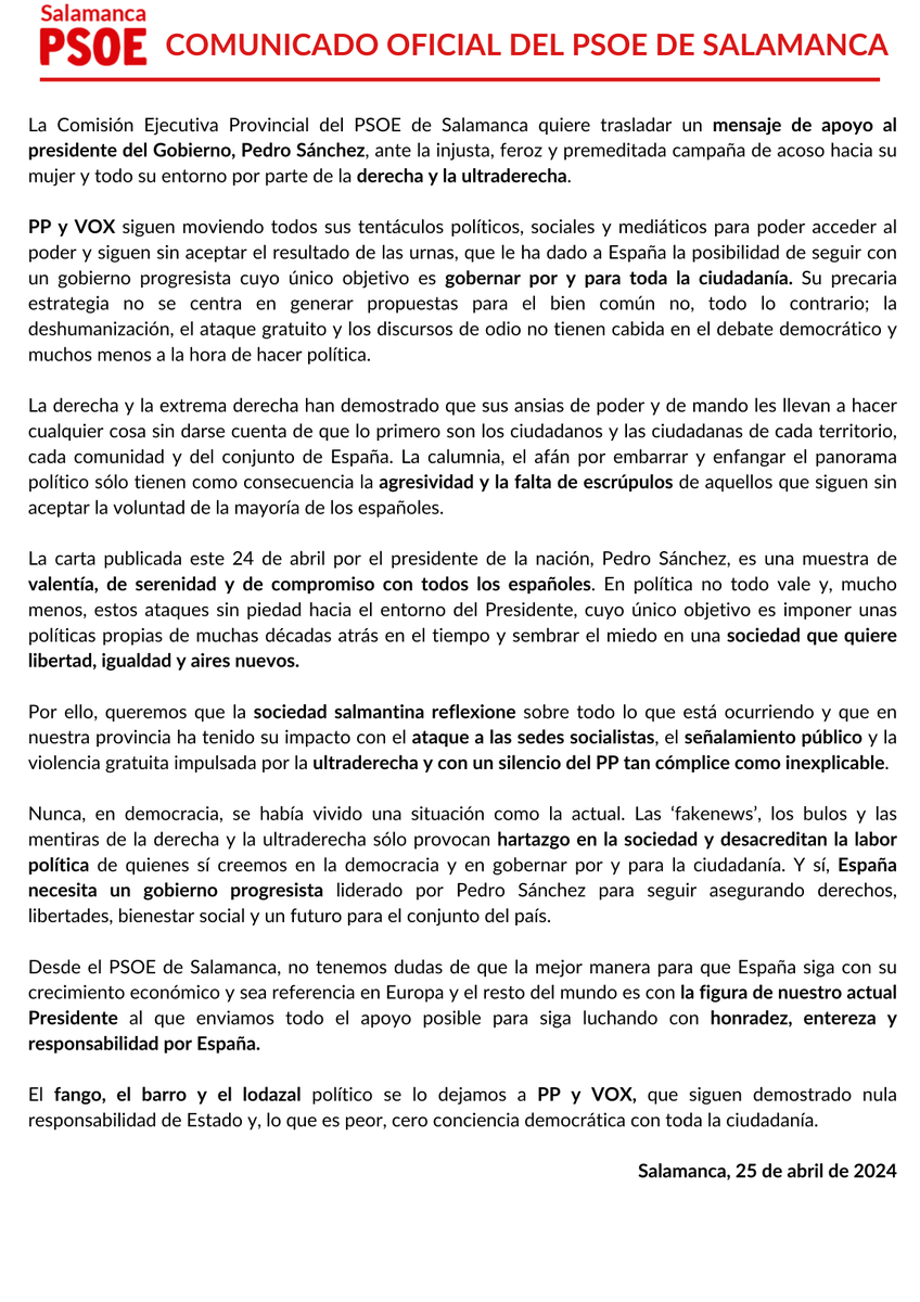 ‼️ Comunicado Oficial del PSOE de Salamanca de apoyo a Pedro Sánchez.

👉 "España necesita un gobierno progresista liderado por Pedro Sánchez para seguir asegurando derechos, libertades, bienestar social y un futuro para el conjunto del país".

⏩ socialistasdesalamanca.es/comunicado-ofi…