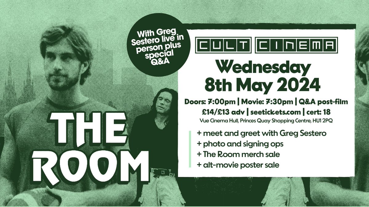 <a href="/CultCinemaSun/">Cult Cinema Sunday</a> are back for a special mid-week screening of the best-worst movie ever made, THE ROOM, including a live, in-person appearance by Greg Sestero, star of the film and author of The Disaster Artist

Wed 8 May // 7.30pm // £14/£13 Adv
🎟 bit.ly/CultCinemaTheR…