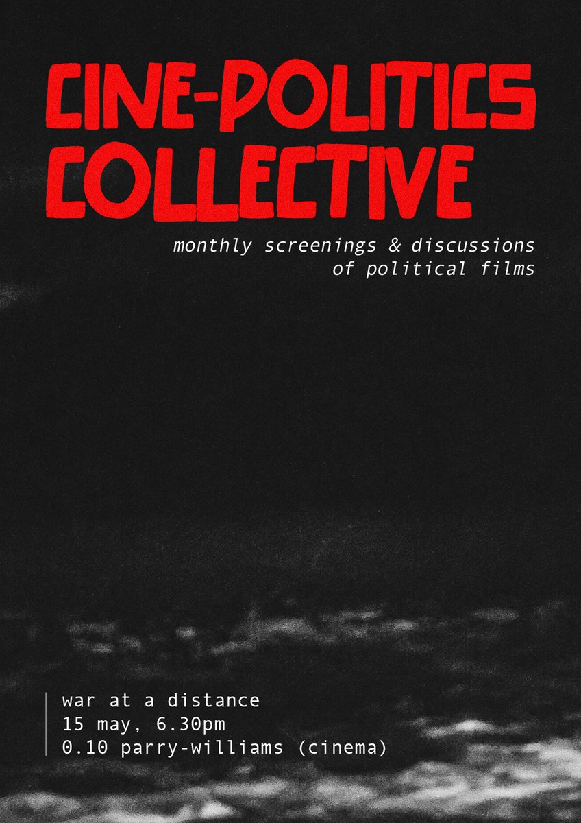 People in/around Aberystwyth - come join us for next month's Cine-Politics Collective gathering. We're focusing on the overlap between war machines and visual machines.🎥H Farocki's 'Eye/Machine' + E Weber's 'There Will Be No More Night'.