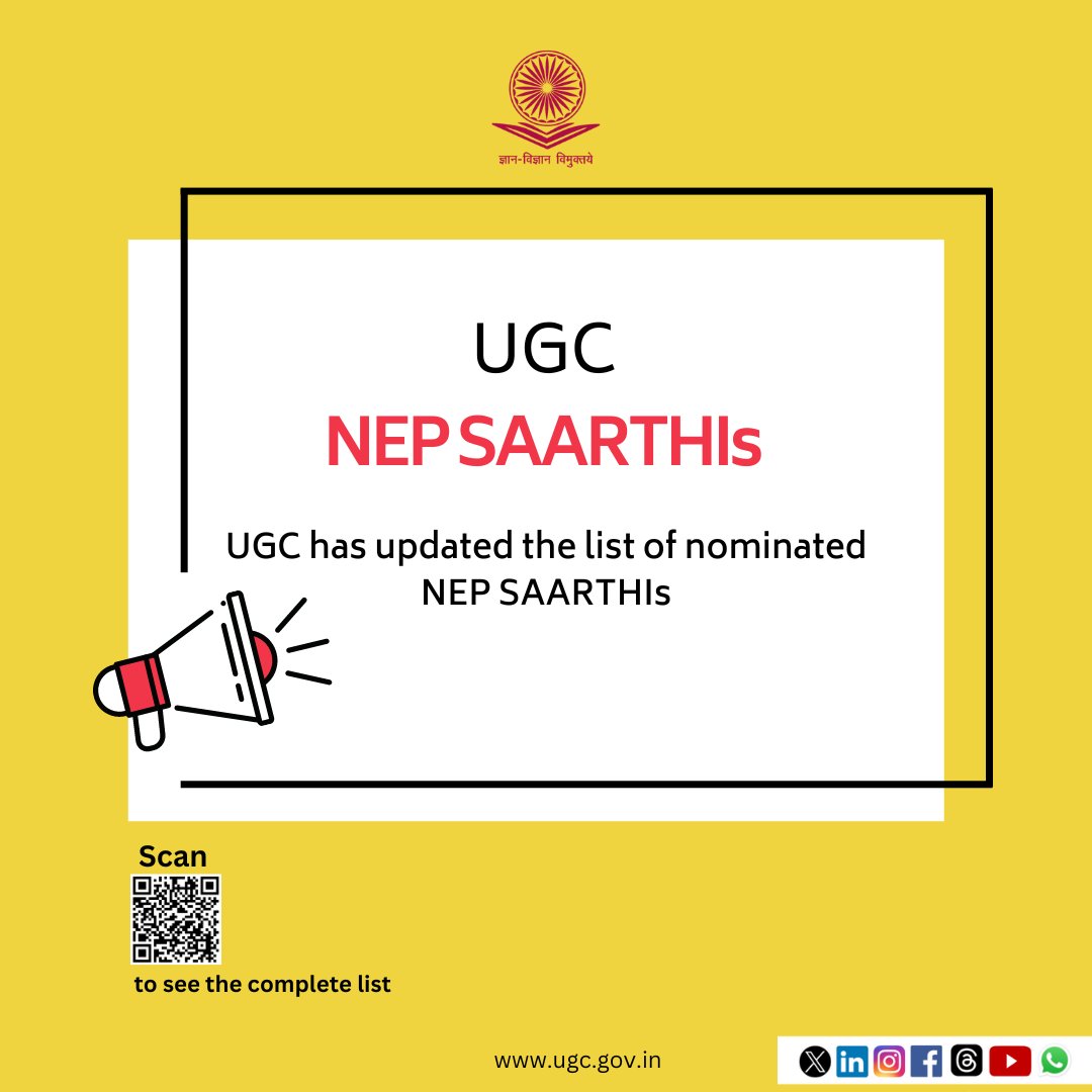 UGC NEP SAARTHIs Check the complete list of Student Ambassador for Academic Reforms in Transforming Higher Education in India (NEP SAARTHIs) on the UGC website! Visit here: ugc.gov.in/pdfnews/471642… #UGC #NEP2020 #NEP #NEPSAARTHI