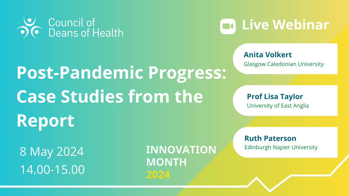 Next month, @councilofdeans are following up the 'Post-Pandemic Progress – lessons learnt in healthcare education' report, with a webinar that will showcase several notable case studies and how they have progressed since the #pandemic. Register to attend: shorturl.at/uGL89