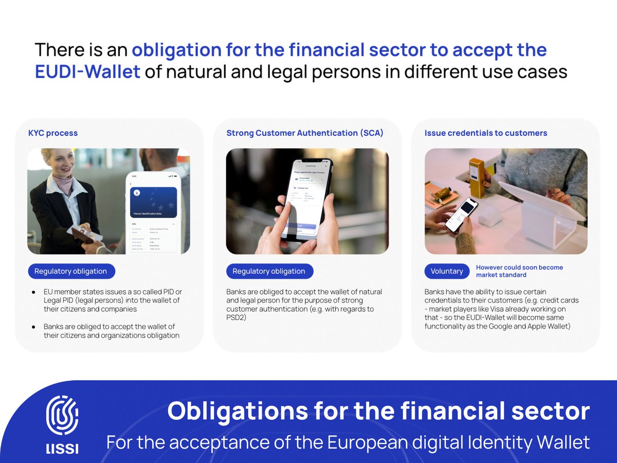 Use your #European Digital Identity 🇪🇺📲 #Wallet for bank account opening, online banking login, and payment approvals! Financial institutions must support #EUDIWallet for #KYC and #SCA. Join our pilot program to prepare for regulatory requirements.