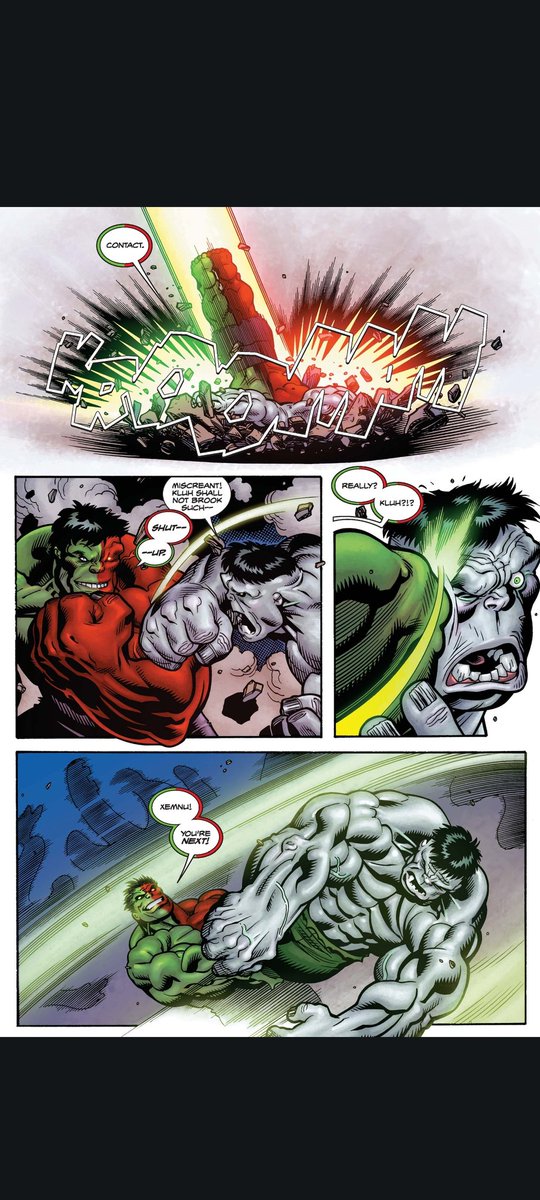 The Red Hulk must take on several challengers , including Xemnu.  When things get out of hand the Green and Red Hulk fuse  together to defeat Kluh, a villainous, cunning clone of the  gray Hulk.
