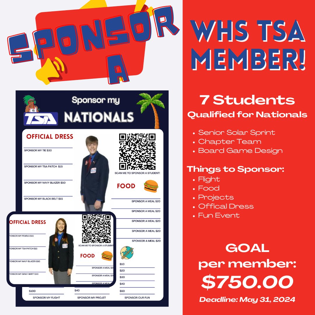 WHSTSA618's tweet photo. ⚠️Waxahachie TSA needs your support!⚠️

We have 7 hard-working members advancing to our national conference in Orlando, Florida this year. Our overall goal is $5,250 which breaks down to $750 per member. Let's help our kids out!

https://t.co/EfzdwocNi5

DEADLINE : May 31, 2024 https://t.co/hffaqPxvfY