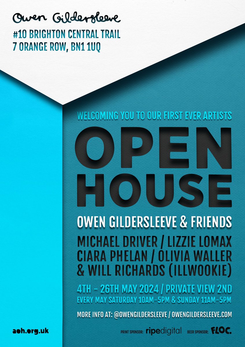 Owen Gildersleeve (@ogildersleeve) on Twitter photo Excited to be opening up my studio for the first time throughout May with guests <a href="/michaelwdriver/">michael driver</a> <a href="/lizlomaxx/">Lizzie Lomax</a> <a href="/iamciara/">Ciara Phelan</a> <a href="/illwookie/">Will Richards</a> & #OliviaWaller for <a href="/artistshouses/">Artists Open Houses</a> ๐๐๐ instagram.com/p/C6Lk-YgiQUJ/โฆ
Every Sat & Sun - 7 Orange Row, BN1 1UQ
Sponsors <a href="/ripedigital/">Ripe Digital Ltd</a> & <a href="/flocbrewing/">Floc. Brewery & Taproom</a> Excited to be opening up my studio for the first time throughout May with guests <a href="/michaelwdriver/">michael driver</a> <a href="/lizlomaxx/">Lizzie Lomax</a> <a href="/iamciara/">Ciara Phelan</a> <a href="/illwookie/">Will Richards</a> & #OliviaWaller for <a href="/artistshouses/">Artists Open Houses</a> ๐๐๐ instagram.com/p/C6Lk-YgiQUJ/โฆ
Every Sat & Sun - 7 Orange Row, BN1 1UQ
Sponsors <a href="/ripedigital/">Ripe Digital Ltd</a> & <a href="/flocbrewing/">Floc. Brewery & Taproom</a>
