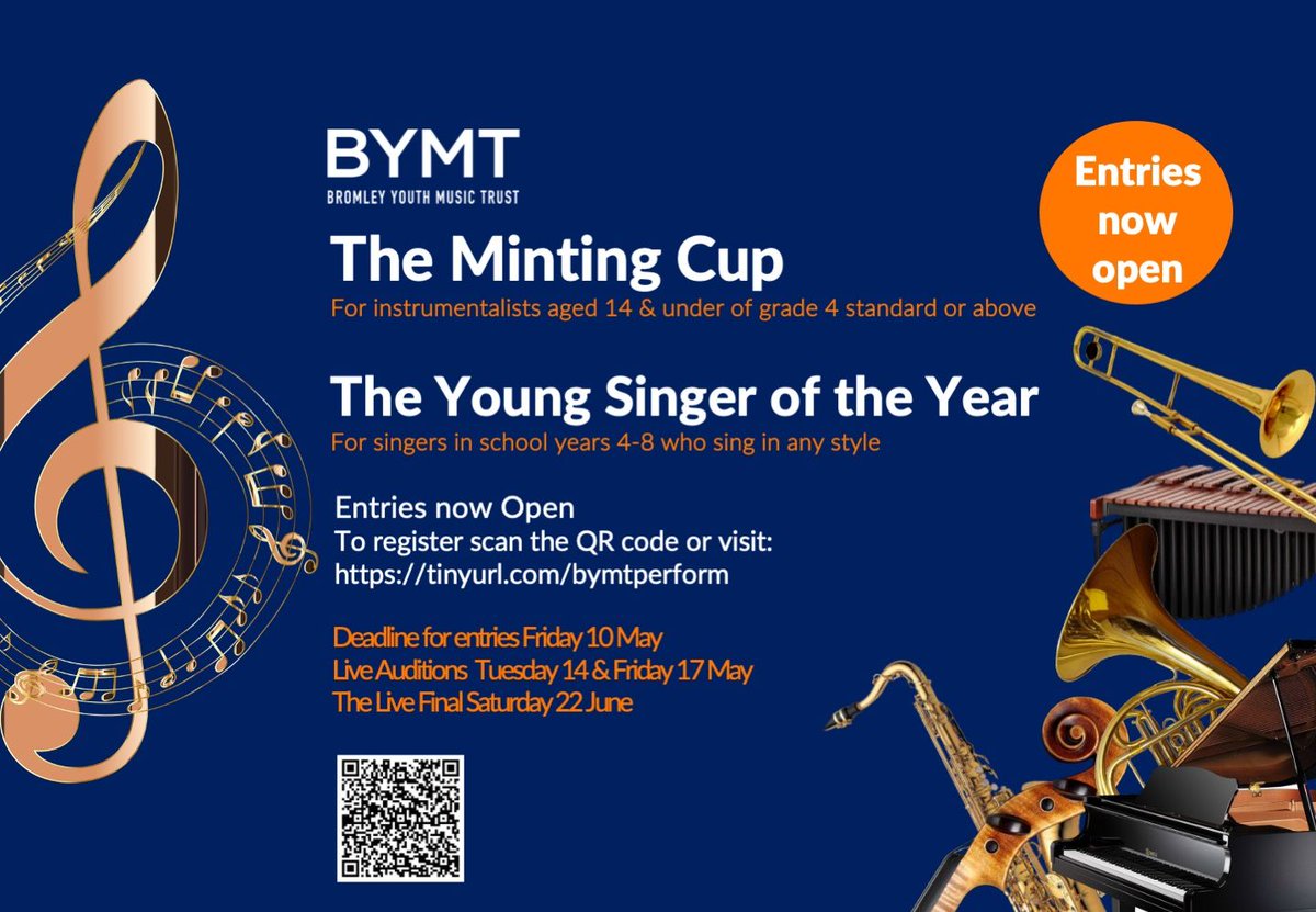 Entries now open for the BYMT Minting Cup & Young Singer of the Year competitions. The Minting Cup is for instrumentalists aged 14 & under of grade 4+ standard. The Young Singer of the Year is for singers in school years 4-8 who sing in any style. visit buff.ly/3xU9Gpy