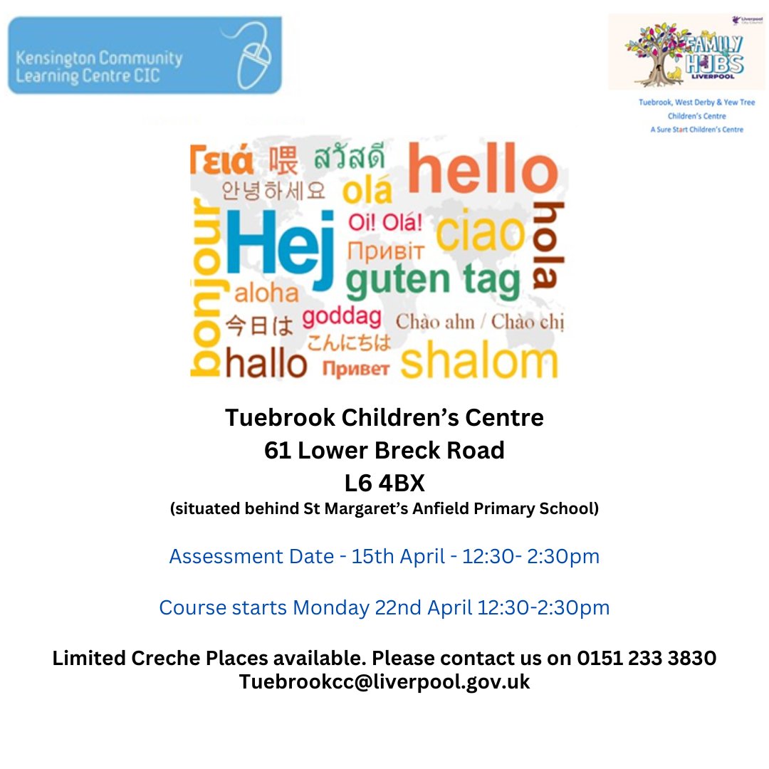 A free 12 week ESOL course is available for parents who do not speak English or speak very little. If you want to develop your English Language and have a child under 5 or know a family that would benefit from this course, contact Tuebrook Children centre on 0151 233 3830.