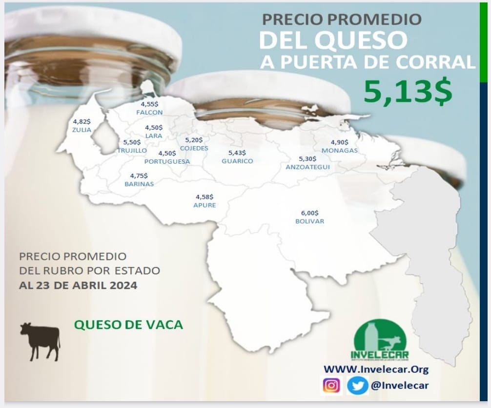 PRECIO PROMEDIO DEL QUESO A PUERTA DE CORRAL. REPORTE DETALLADO POR ESTADO

Fuente: Instituto venezolano de la leche y la carne @INVELECAR

Boletín número 209. Semana 17 2024, del #17Abr al #24Abr

#Venezuela #Ganadería #Precios #Queso #INVELECAR #AgroEconomía #CampoCafeCiudad