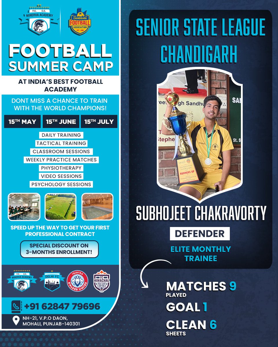 We would like to congratulate our camper Subhojeet Chakravorty for being the runner up at Senior State League Chandigarh.🤩✨ 📝 Register now 🗓️ 15th May, 15th June, and 15th July 2024 ℹ Hurry up & call +91-6284779696 to register now!!! Limited seats! #Warriors #MAFC