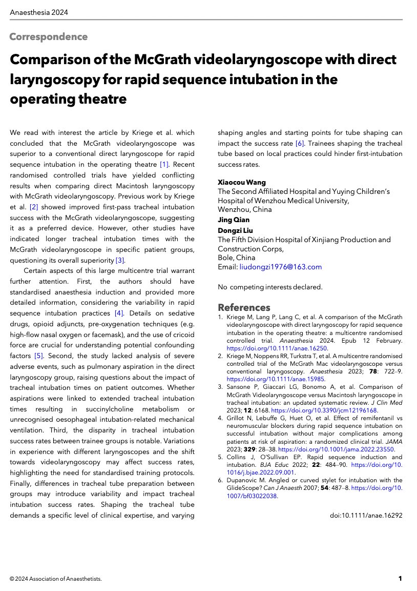 🔵VL vs DL for OT RSI🔵 Wang et al note: 💡authors should have standardised anaesthesia induction & provided more information 💡study lacked analysis of severe adverse events 💡differences in ETT prep may impact success 🔗…-publications.onlinelibrary.wiley.com/doi/10.1111/an… twitter.com/Anaes_Journal/…