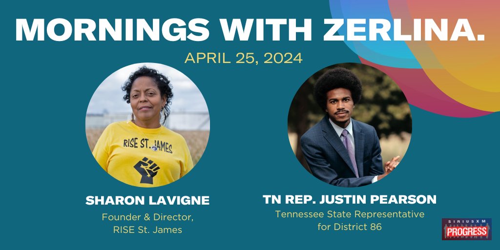 Hello Thursday! Joining @ZerlinaMaxwell on the show this morning: @risestjames Founder & Director Sharon Lavigne + Tennessee State Representative for District 86 @Justinjpearson! 📻@SiriusXMProg Ch. 127 siriusxm.us/Zerlina