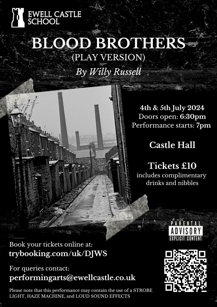 Book your tickets now for 'Blood Brothers' for 4th and 5th July. trybooking.com/uk/DJWS. Doors open from 6.30pm, enjoy a free drink before the show. Please note the play contains strong language. A great opportunity to see our GCSE Performing Arts pupils at their best!