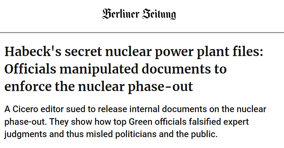 NEW - Top officials of the Green party falsified expert judgments and thus misled the public in Germany on the 'nuclear phase-out,' internal documents show.