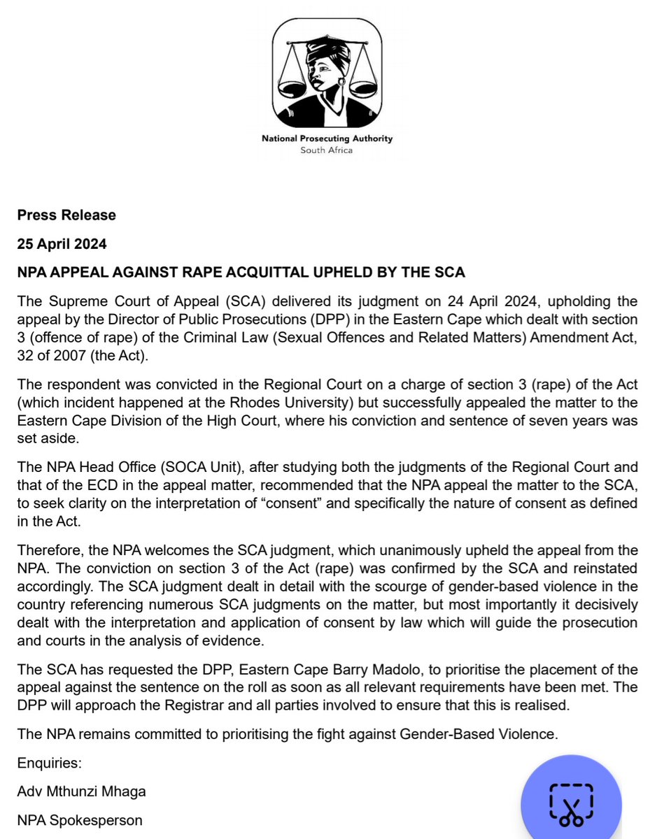 The Supreme Court of Appeal (SCA) delivered its judgment on 24 April 2024, upholding the appeal by the DPP in the Eastern Cape which dealt with section 3 (offence of rape) of the Criminal Law (Sexual Offences and Related Matters) Amendment Act, 32 of 2007 (the Act).