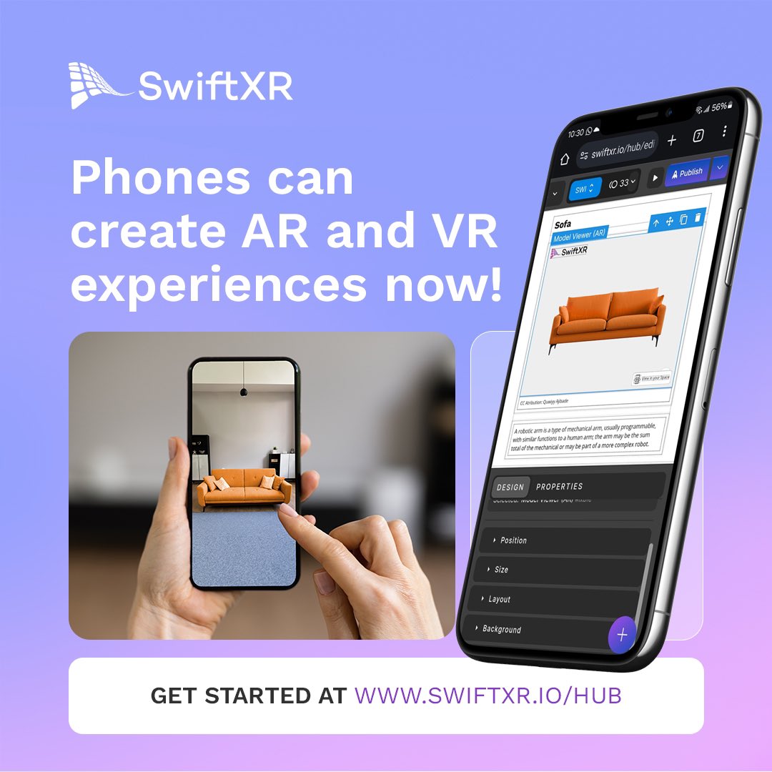 You can now create Augmented Reality and Virtual Reality experiences on your
mobile devices with @swiftxr_io in just a few minutes.

Engage users, and spice up your websites & projects on the go.

Type swiftxr.io on your mobile device and get started!

#webxr #3d