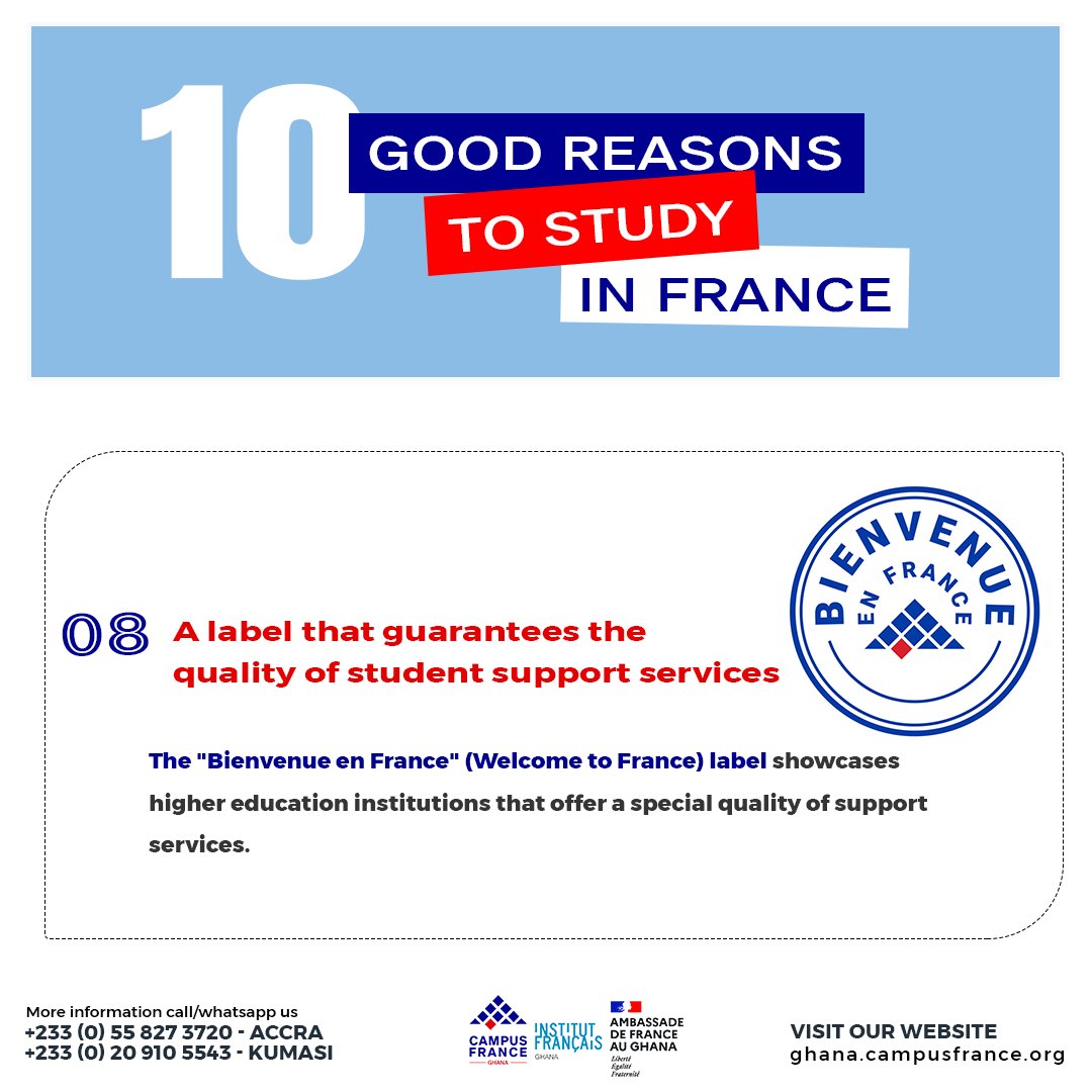 #Reason08: 🇫🇷✨ Welcome to #France with the 'Bienvenue en France' label! It showcases institutions' ability to support #internationalstudents. Ensuring a warm welcome is vital for France's higher education. #10GoodReasons #to #StudyInFrance 🇫🇷 #ChooseFrance #CampusFranceGhana