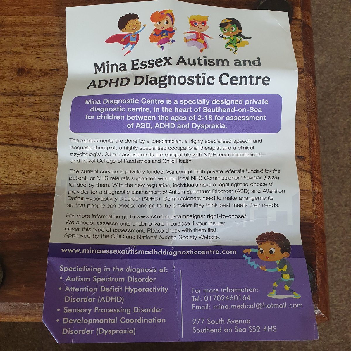 Unbelieveable! Just had this flyer stuck through my letterbox. Private clinic offering to diagnose your child with autism or ADHD! A gateway to benefits....