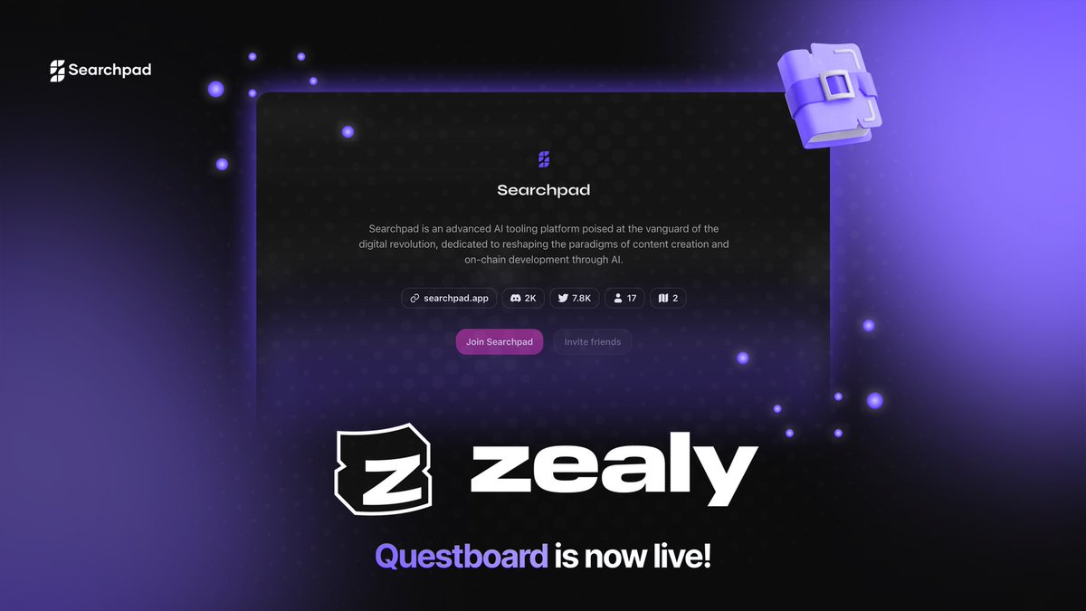 The official Searchpad Zealy is now live, offering numerous quests for participation. Join the Searchpad Zealy today and begin earning rewards for the $SPAD (Searchpad Token) airdrop. 🔮 zealy.io/cw/searchpad