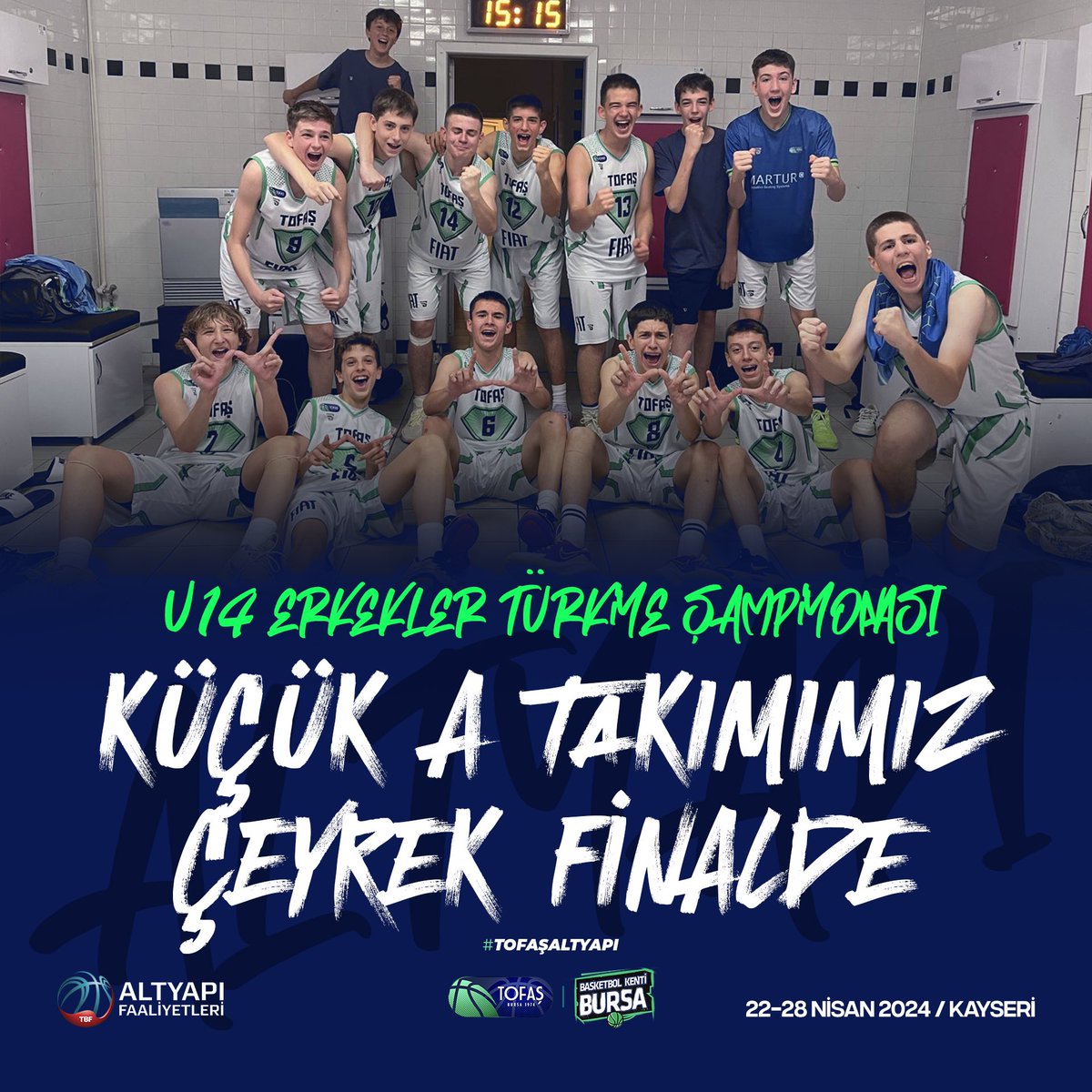 ➡️ Küçük A Takımımız, Kayseri’de düzenlenen U14 Erkekler Türkiye Şampiyonası’nda çeyrek finale yükseldi 👏 #TofaşAltyapı 🔵🟢 TOFAŞ 70-66 Darüşşafaka 🟢🔵 ⏭️🏀 Sıradaki maç: 🗓️ 26.04.2024 - Cuma l ⏰ 11.00 🆚 Petkimspor 🏟️ Kadir Has Kongre Merkezi Spor Salonu