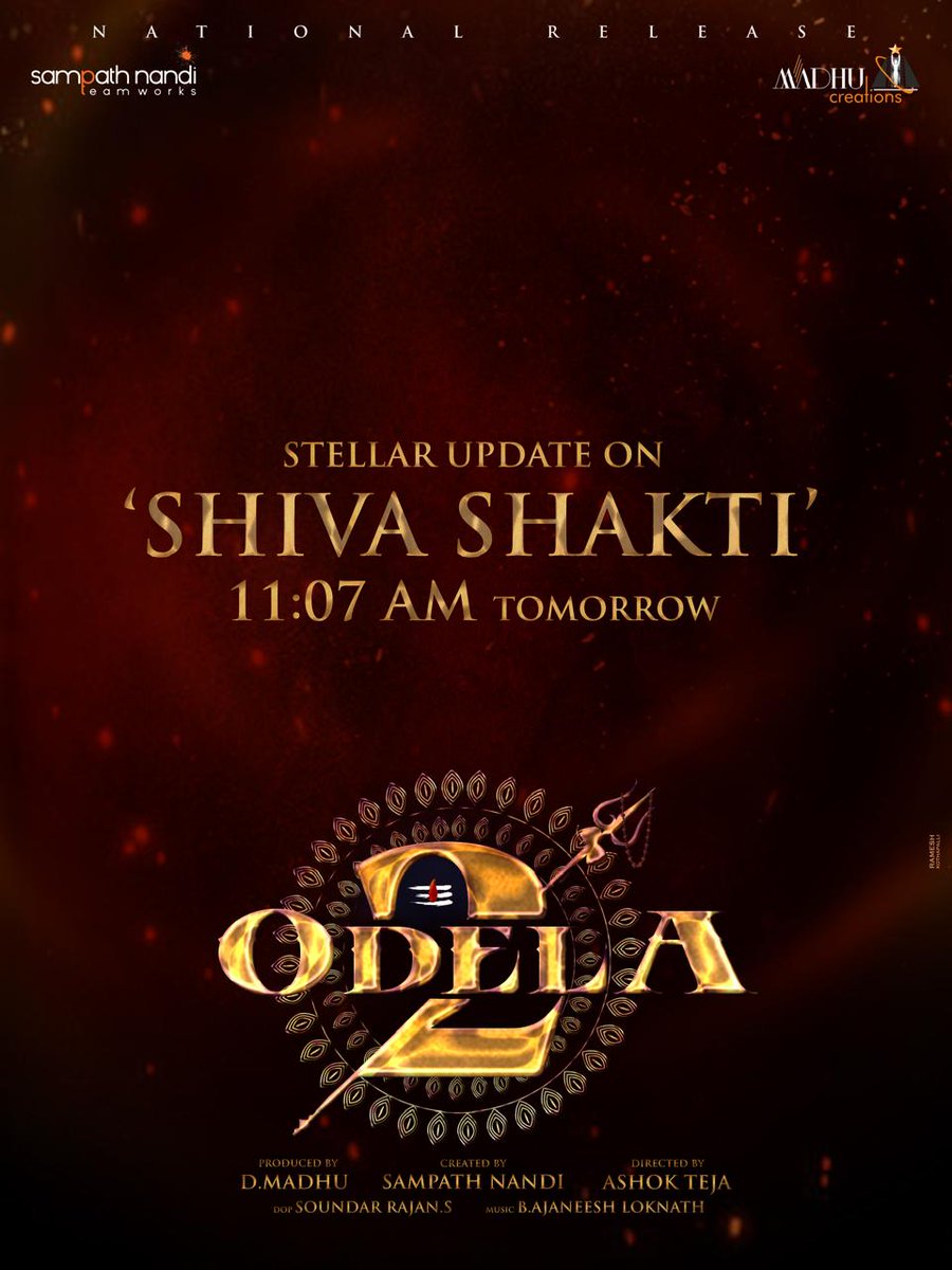 An exciting update about Shiva Shakti from the world of #Odela2 tomorrow at 11.07 AM ❤️‍🔥

Stay Tuned 💥

#TamannaahBhatia #HebahPatel #SampathNandi #TeluguInsider