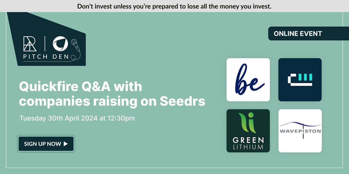 🎤 Pitch Den: ClimateTech Special 

👨‍💻 Join us to hear from The Be Company, ClearWatt, Green Lithium & Wavepiston

📅 Tue 30th April, 12:30pm - 1pm BST

Register: bit.ly/3Qlriky

Must be authorised to invest to attend, visit seedrs.com to become authorised