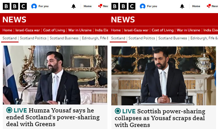 BBC Scotland has amended its headline and image. The 'collapse' narrative is the one they want to run, not Humza ending the deal. The image of him smiling and relaxed has been replaced with him looking pensive. All subtle little propaganda tricks.