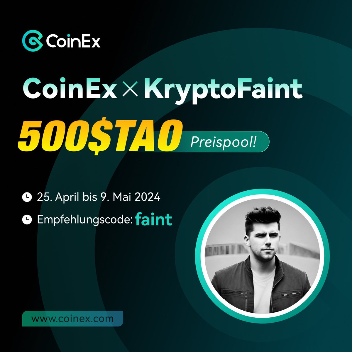 CoinEx_Balkans's tweet photo. Nimm an unserem Event teil und erhalte die Chance auf Deinen Anteil an $TAO-Token im Wert von 500 USDT!
Registrierung neuer Nutzer über @FourFaint Link: https://t.co/ElxaUfIQED
#CoinExGermany https://t.co/Pv6urp4ot8