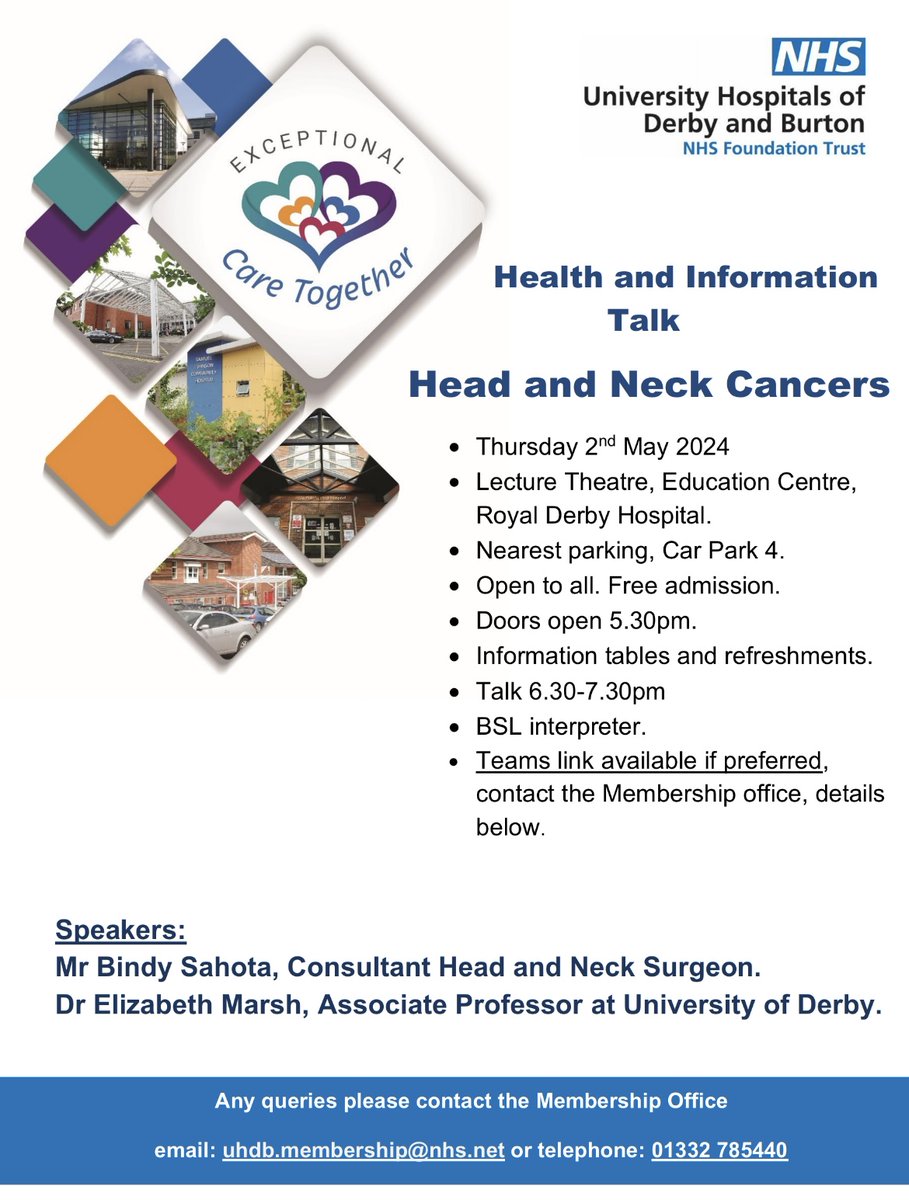 Thursday 2nd May, Health information talk at the Royal Derby Hospital about Head and Neck Cancer which is rising in prevalence. This talk is open to everyone, no need to book @UHDBTrust @DerbyUni @derbyshcft @HWDerbyshire