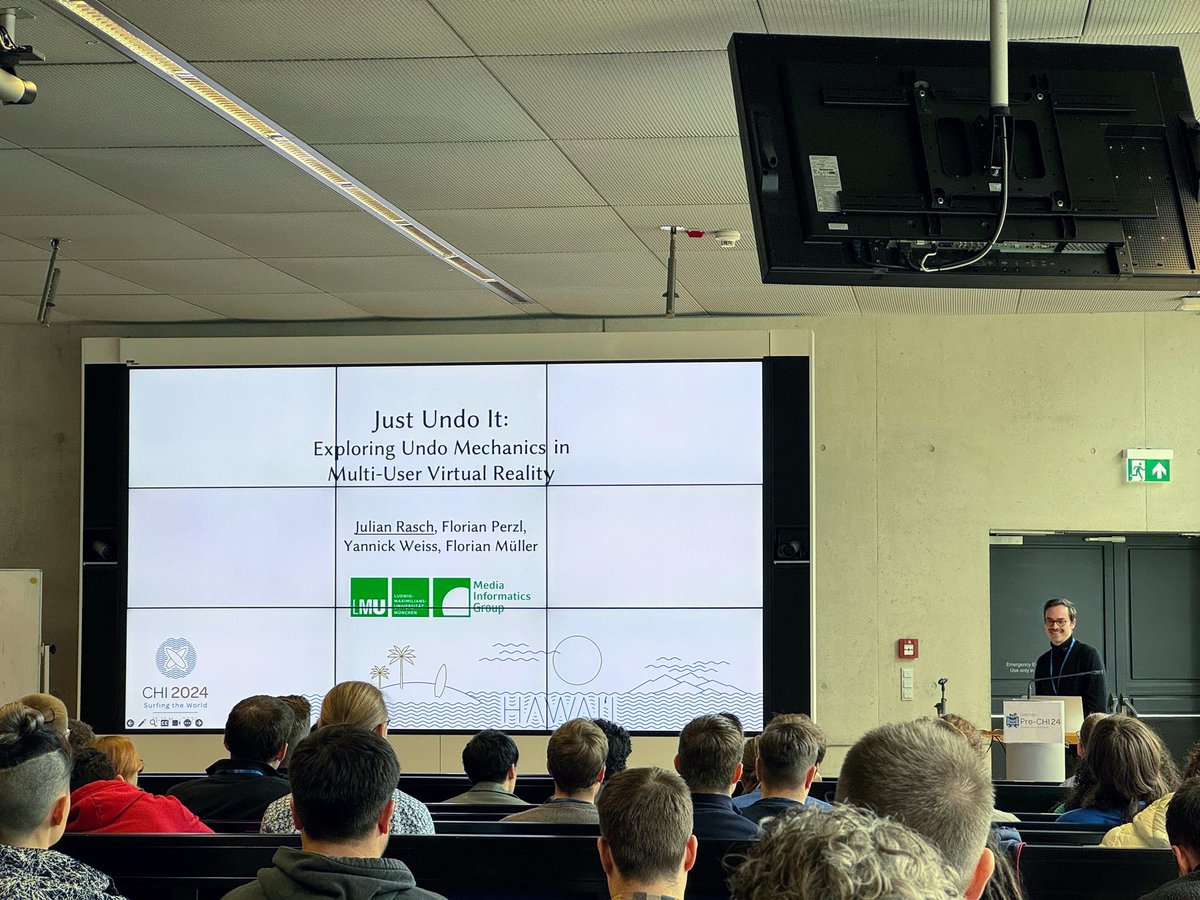 Let the #GermanPreCHI event begin. <a href="/JulianXRasch/">Julian Rasch</a> is presenting "Just Undo It: Exploring Undo Mechanics in Multi-User Virtual Reality." Co-authors: Florian Perzl, <a href="/YannickWeissHCI/">Yannick Weiss</a>, and Florian Müller. See the full paper: arxiv.org/abs/2403.11756 <a href="/acm_chi/">ACM CHI Conference</a> @GermanHCI