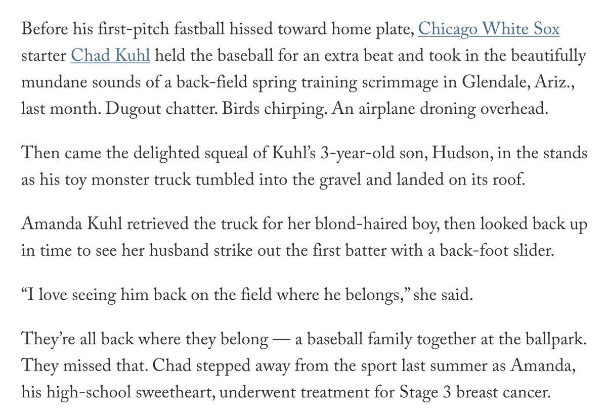 Chad Kuhl's comeback season is about more than baseball. He walked away from the game last summer as his wife, Amanda, faced Stage 3 breast cancer. Now he's back on the mound with the White Sox, she's back at the ballpark, and they're embracing 'boring.' theathletic.com/5443553/2024/0…