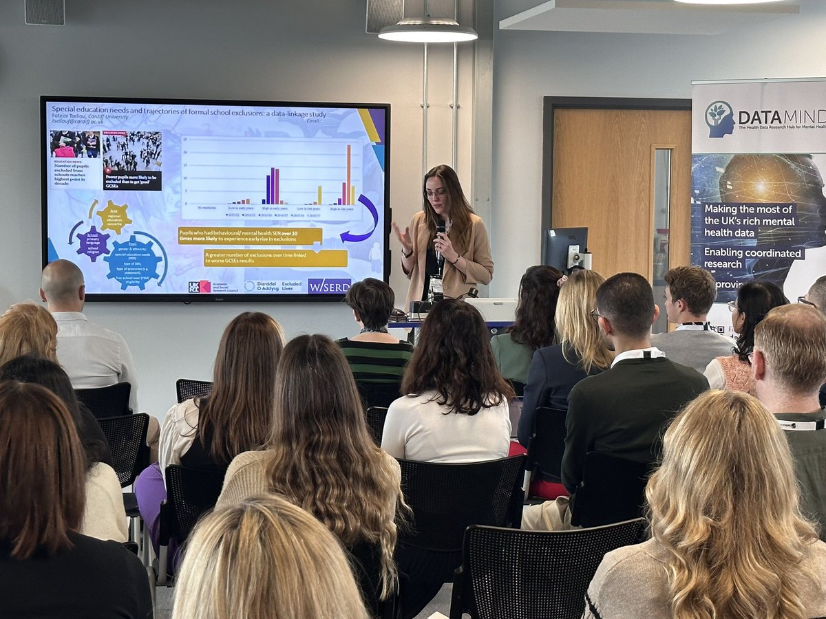 DatamindUK's tweet photo. @f_tseliou from @cardiffuni presents on "Special education needs and trajectories of formal school exclusions: a data-linkage study". Insight: Students with behavioural &amp; mental health special educational needs have higher early KS exclusion rates. #MQDataScience https://t.co/3ArHD8oWhu