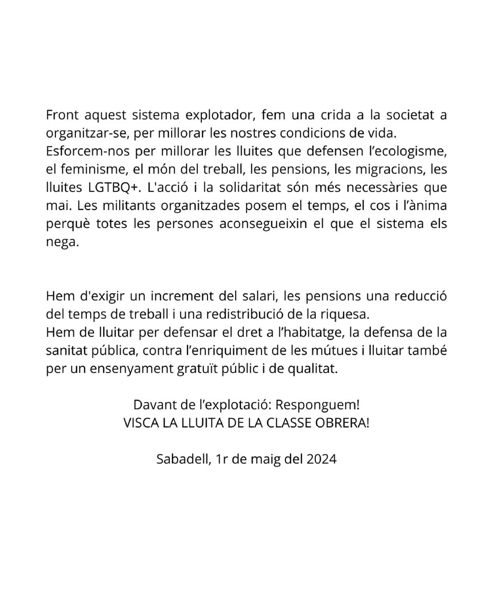 🔴Enguany, el 1r de maig tornem a sortir als carrers! 🔴

Aquest primer de maig, totes les organitzacions anticapitalistes de Sabadell,  plantem cara a la precarietat!

📌11H Pl. Espanya, Sabadell

🥘I, en acabar, tindrem un dinar popular al <a href="/ElTallaret/">El Tallaret</a> , a la Pl. Creu Alta
