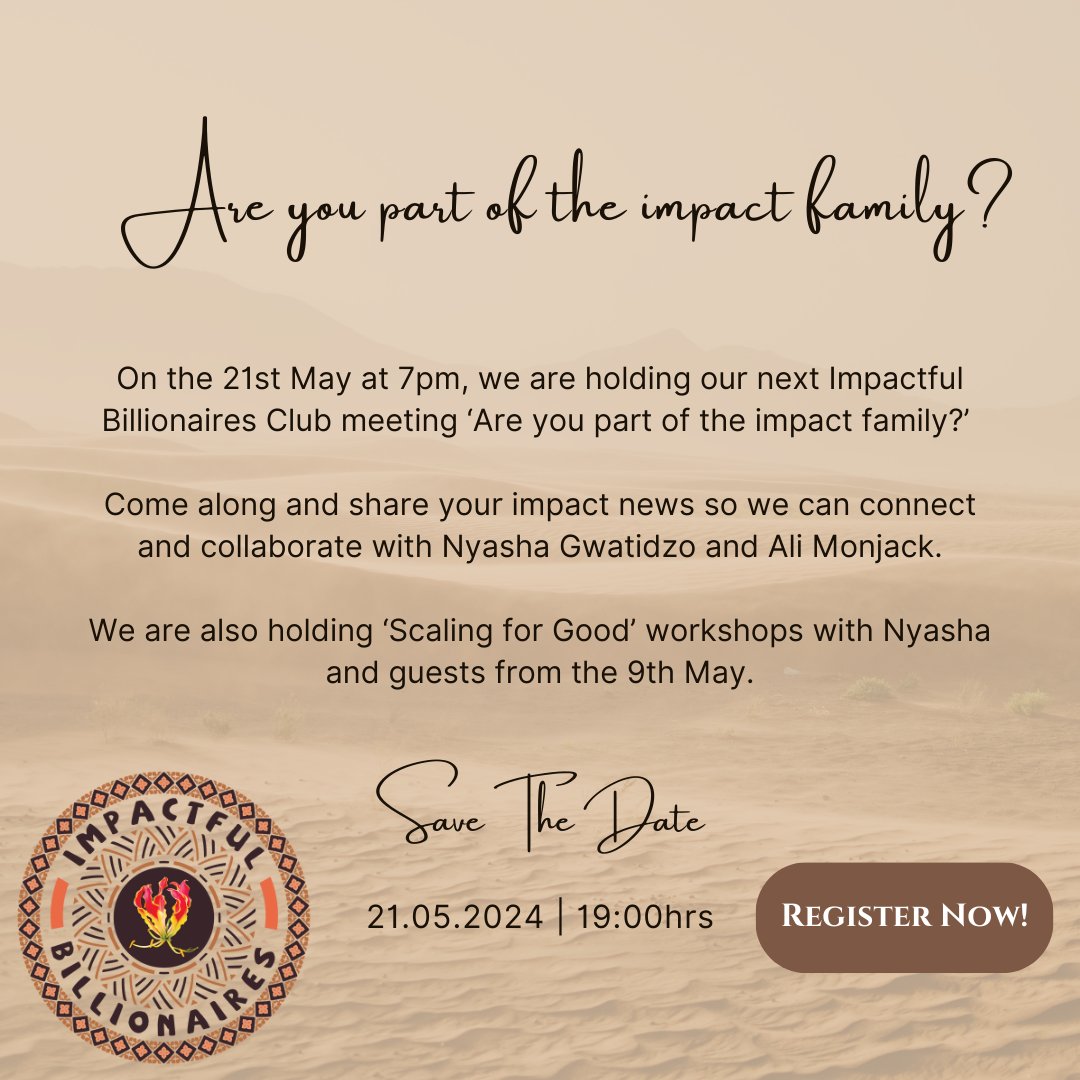 Are you part of the impact family? Please come along and share your stories and deepen our understanding of how we might help you.

Register now!👉🏾 buff.ly/3UhQxVM

#DoMore #BeTheImpact #ImpactfulBillionairesClub #podcasts #socent #PurposeLed #makeadifference #askanexpert