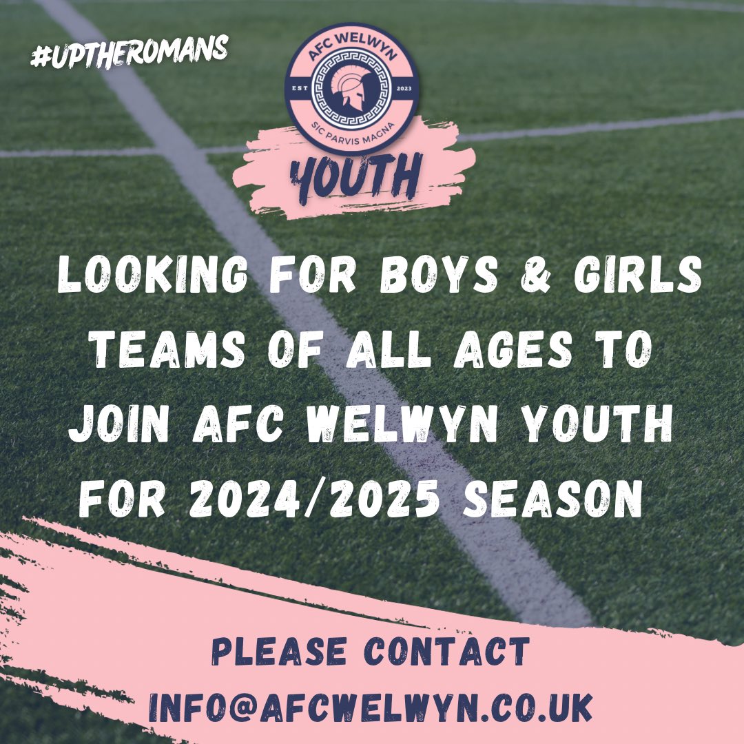 🚨CALLING ALL YOUTH TEAMS🚨

We are looking for boys & girls teams of all ages to join our AFC Welwyn Family 💙🩷

If you are interested or require more information, please contact info@afcwelwyn.co.uk

#uptheromans