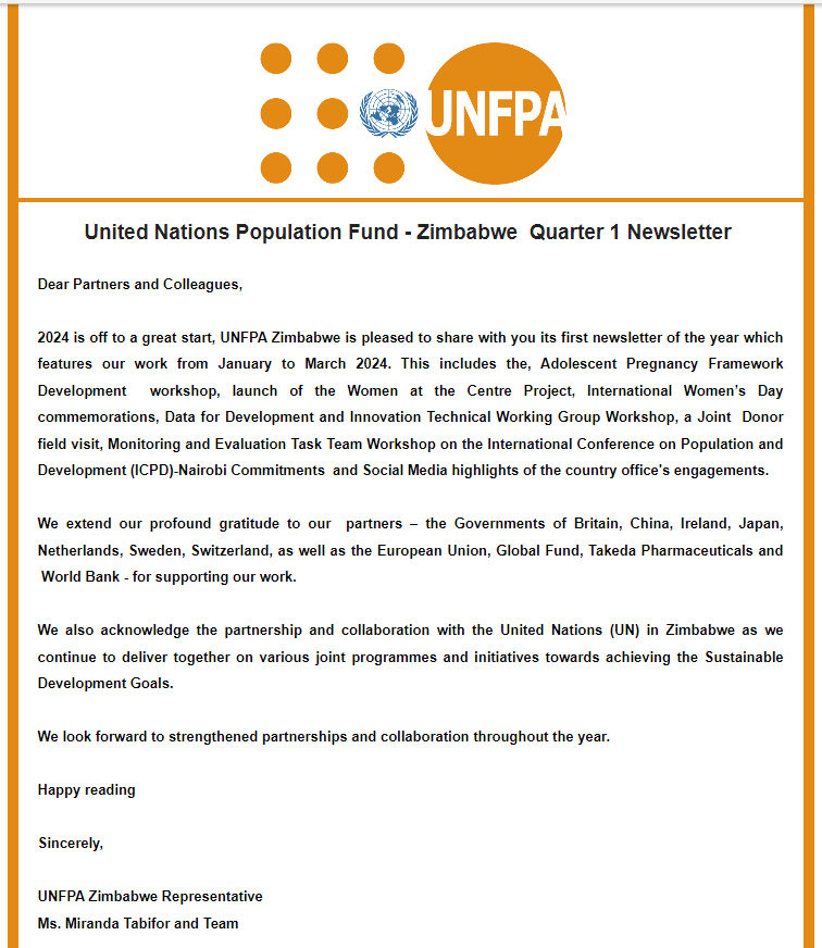 @UNFPA_Zimbabwe 's 2024 first quarter newsletter is out! Click the link below to read & see what UNFPA has been working on to continue delivering for women & young people in Zimbabwe. bit.ly/4b5pTpW