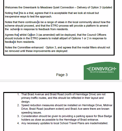 SpokesLothian's tweet photo. @DAstonSNP @AlysGreens @CyclingEdin @Cyclesouthedin @Algorhythmica1 @CllrBenParker @edi_dot_bike @SpokesPorty #Edinwebcast #Greenbank/#Meadows

@CllrScottArthur amend't to make it 100% clear that the previously-agreed option 3 is experimental, hence use cheap materials
The Order will be clear that Options 1 or 2 could be restored depending on the trial results

Agreed (with minor change) https://t.co/CC2NaXKuk1