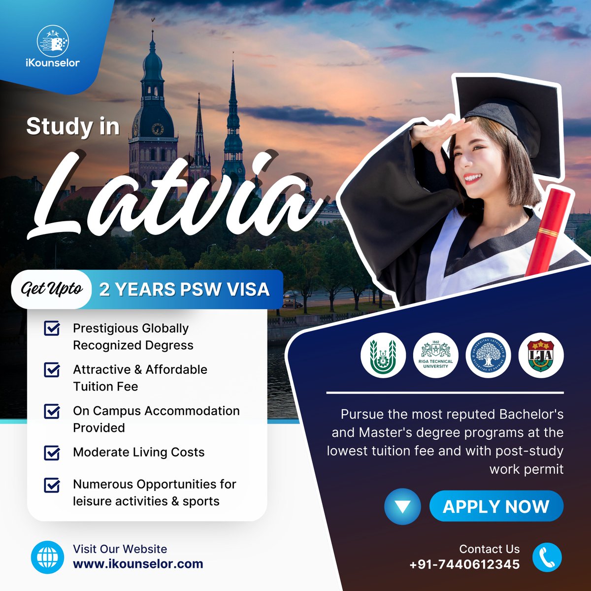 Discover the hidden gem of education! Study in Latvia and unlock a world of opportunities.

Apply today and start your journey toward academic excellence and personal growth.

Contact us at 7440612345 or visit ikounselor.com for guidance and support.

#StudyInLatvia