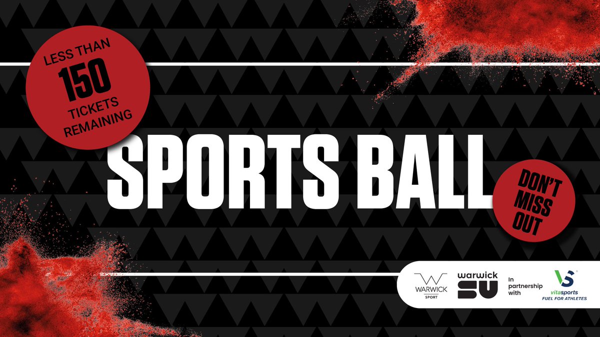 We’re down to just under 150 tickets for this year’s #SportsBall! 😱 So don’t miss out, make it a night to remember and buy your ticket here: tickets.warwicksu.com/ents/event/254… Sponsored by @VitaSports_ #Warwick #WarwickSU #UniOfWarwick
