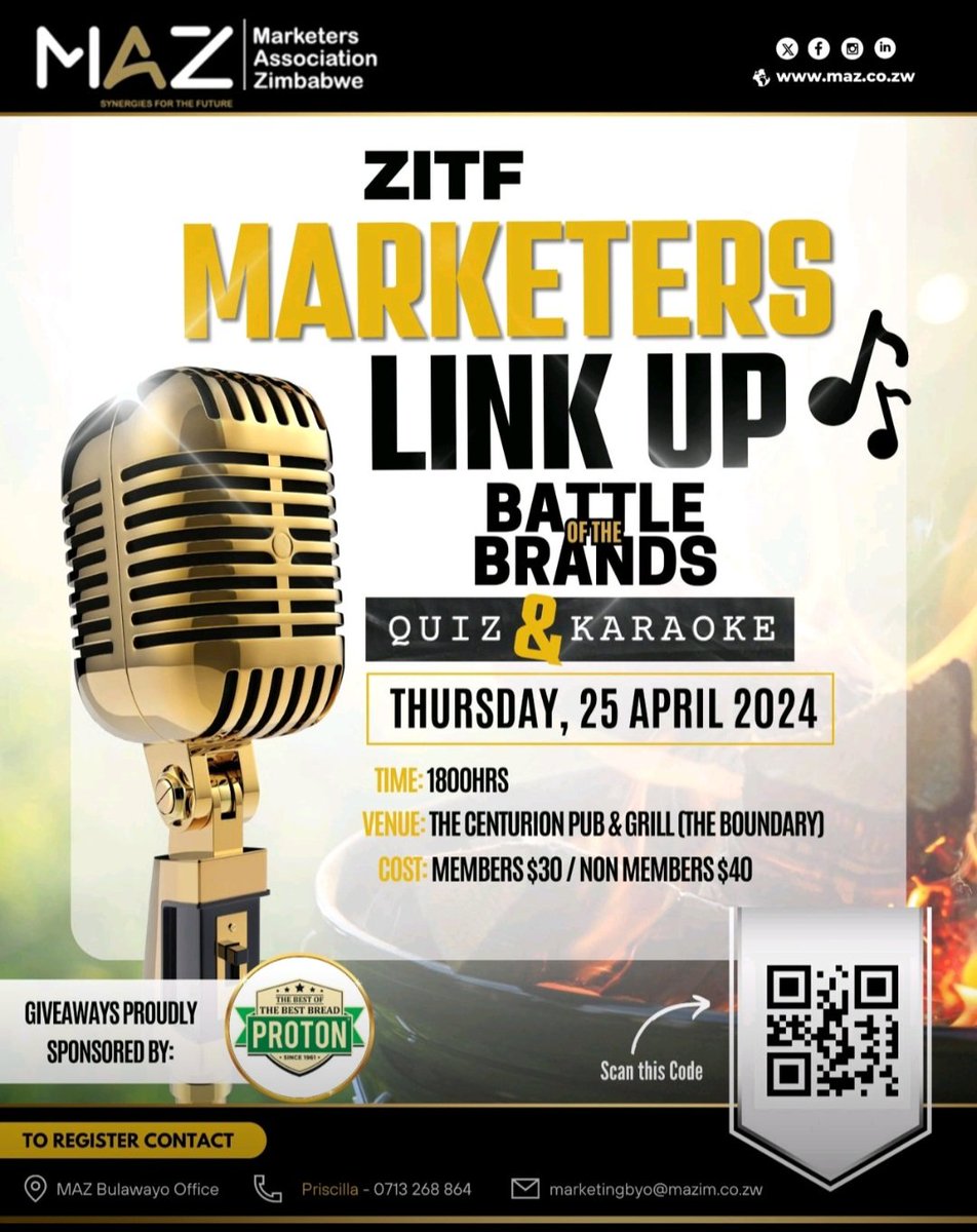 Have you registered yet for the ZITF Marketers Link Up taking place today, April 25th, at 6:00 PM? Prepare for an unforgettable evening of Battle of the Brands, Quiz, and Karaoke at The Centurion Pub & Grill. Reach out at +26377244 5758 #MAZatZITF #ZITF2024