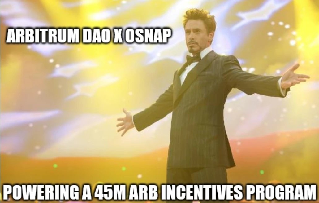 Big News from @UMAProtocol: Arbitrum DAO integrates oSnap for 45M ARB incentives program!  #oSnap will help the DAO coordinate one of Web3’s biggest incentive programs in a decentralized manner. #umfluencer $UMA

1/