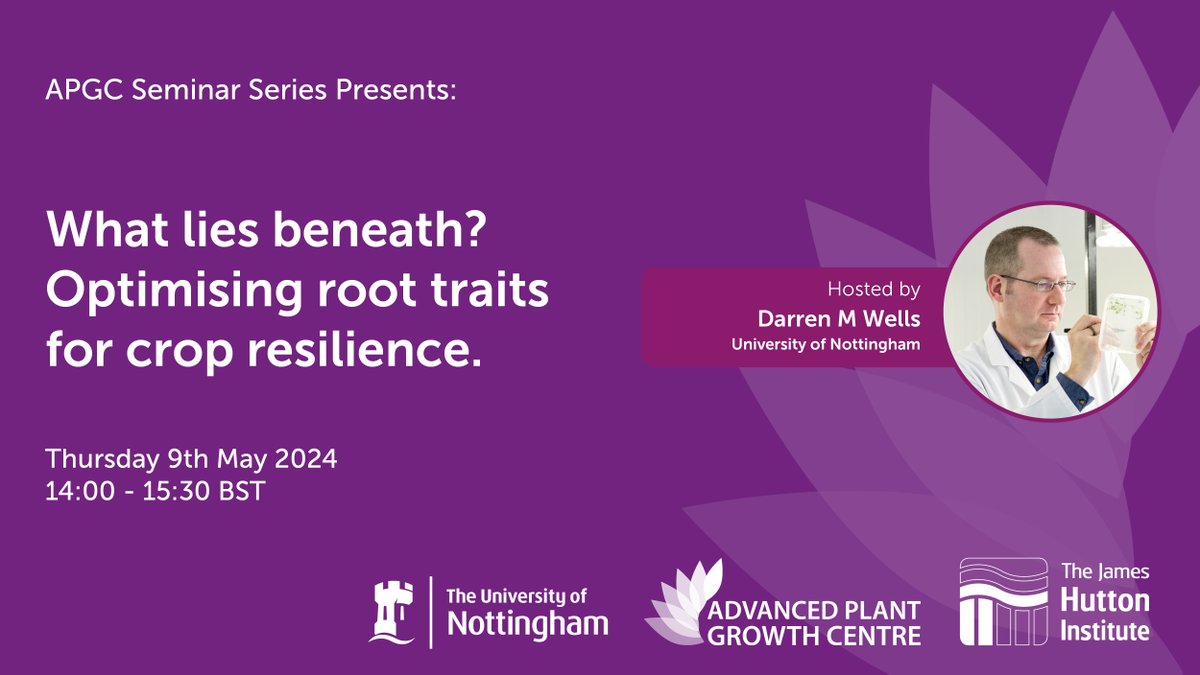 🌱 Join Our APGC Seminar: Optimising Root Traits for Crop Resilience 🌱

Online: Thurs, May 9, from 2:00 to 3:30PM BST. 

Speaker: Darren Wells, Principal Research Fellow in Plant and Crop Biophysics at the University of Nottingham.

🔗 Registration Link: eu1.hubs.ly/H08PRfg0