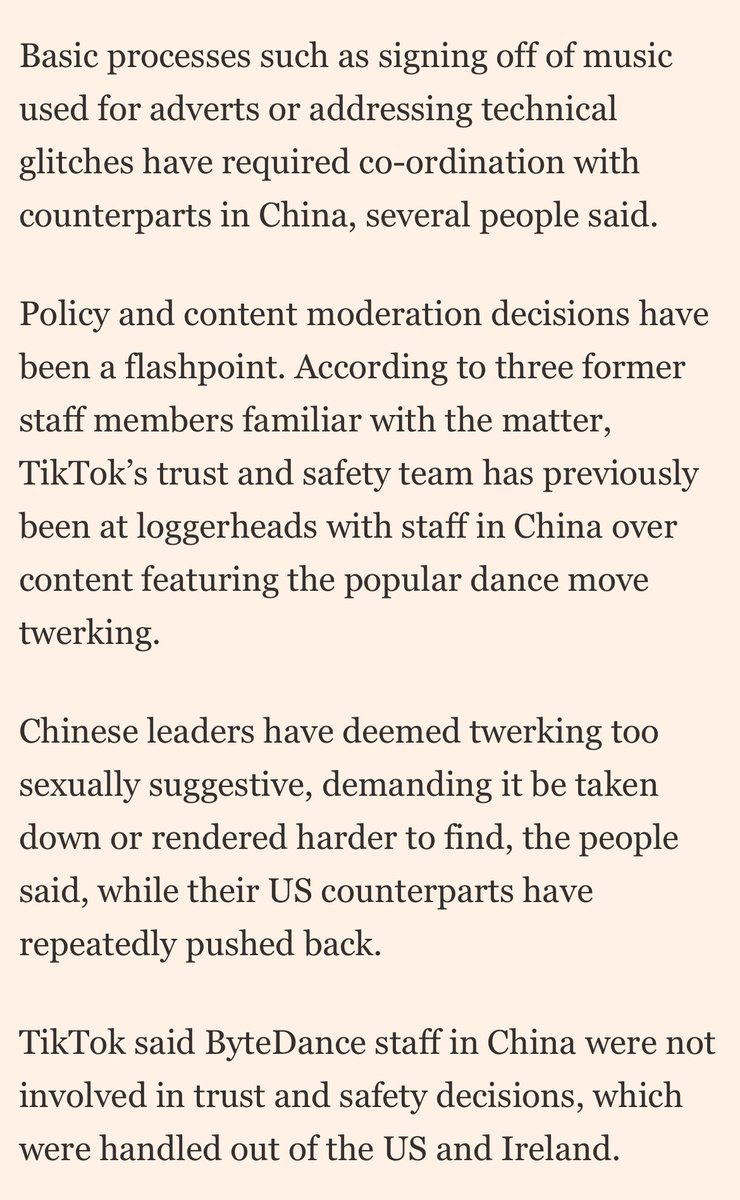 This @FT article with former TikTok employees talking about ByteDance’s influence on daily operations is about what I’d expect absent a very formal, very disruptive and inconvenient firewall. Here’s how that plays out for Trust and Safety: ft.com/content/0e040c…