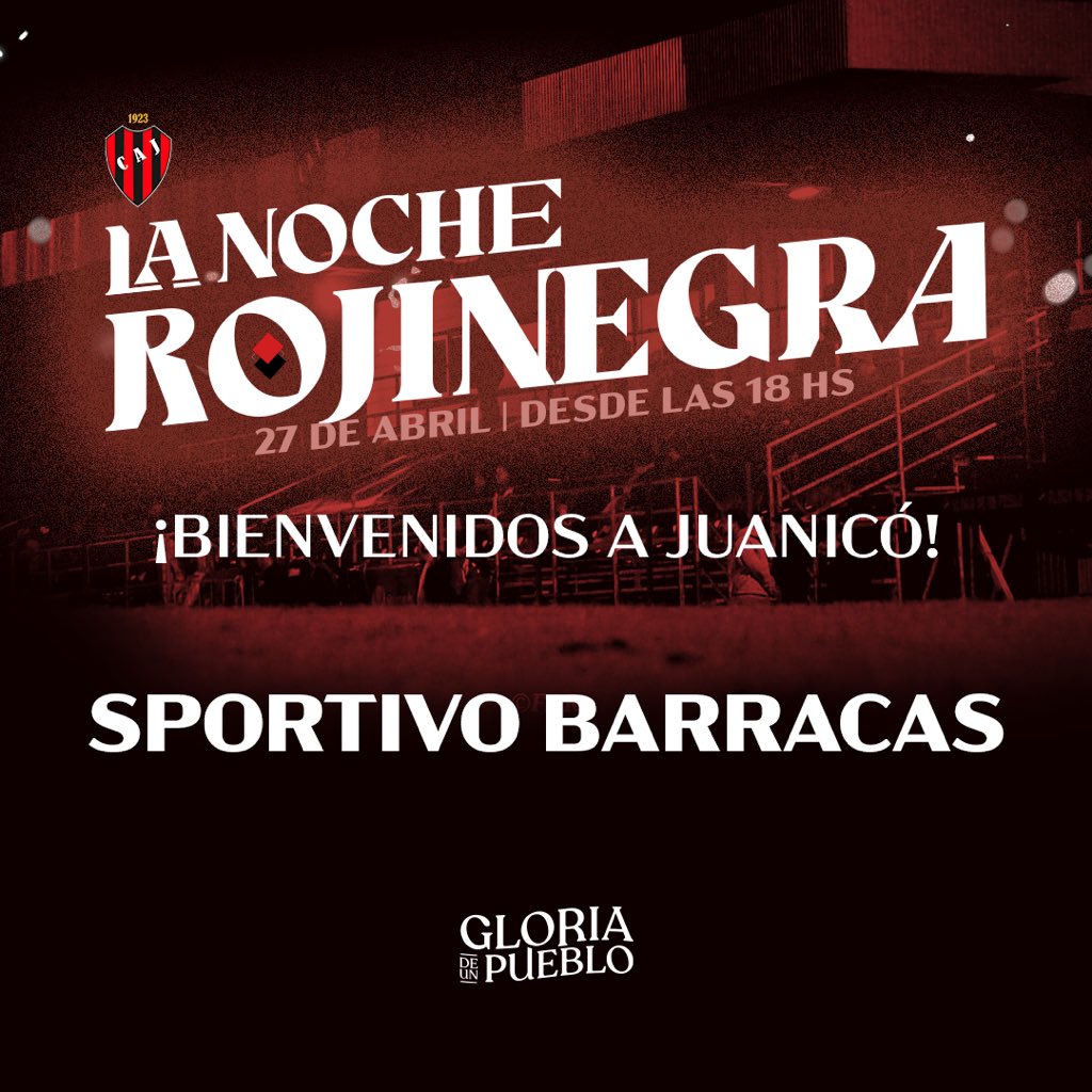 #Amistoso
Sábado 27
Hora: 18.00
Partidazo amistoso en <a href="/EstadioCAJ/">Gloria de un Pueblo</a> 

Juegan <a href="/OficialCAJ/">C. A. Juanicó</a> 🆚️ <a href="/barracasdolores/">Sportivo Barracas F. C.</a> 

🟥⬛"La noche rojinegra" ⬛🟥