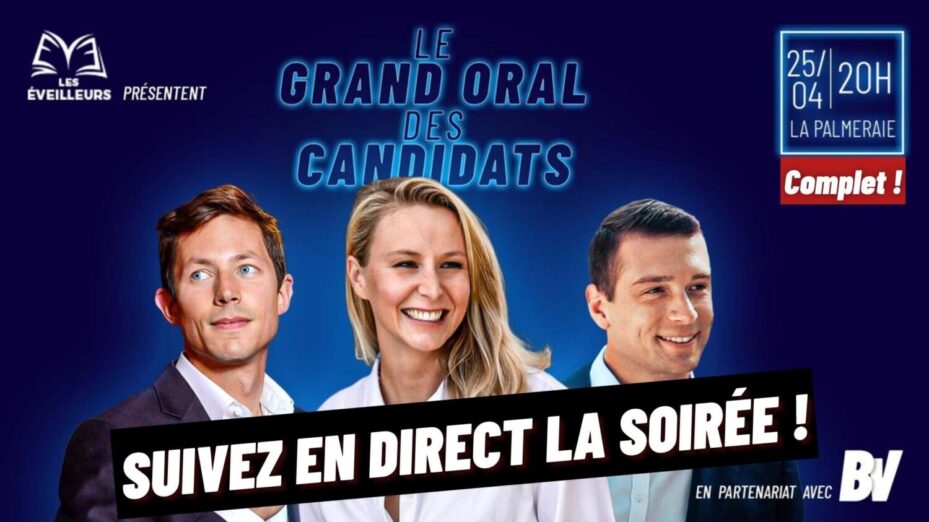 À vos agendas !

Ce soir les candidats @fxbellamy @MarionMarechal et @J_Bardella passent leur #GrandOral devant près de 1.000 personnes à la Palmeraie (Paris).
Cet événement organisé par les @EveilleursE et @BVoltaire peut être suivi en direct sur la page Facebook :