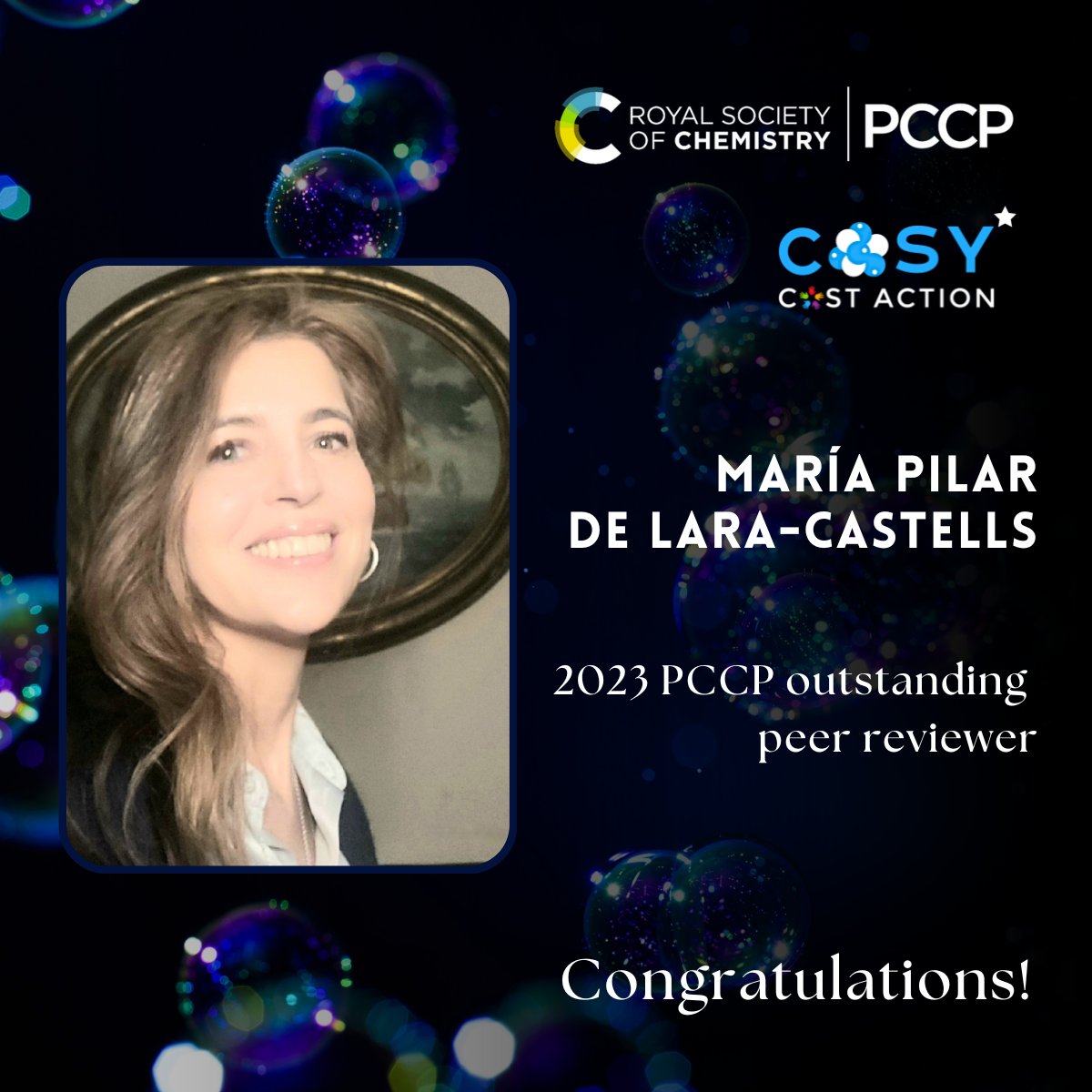 We are delighted to share that @MARIAPILARDELA1 from @iff_csic , the Chair of @COSY_Action has been honored as 2023 Outstanding Peer Reviewer by the @RoySocChem @PCCP ! Congratulations on this well-deserved recognition! We are proud! COSY SM Team @COSTprogramme @Europeos_CSIC