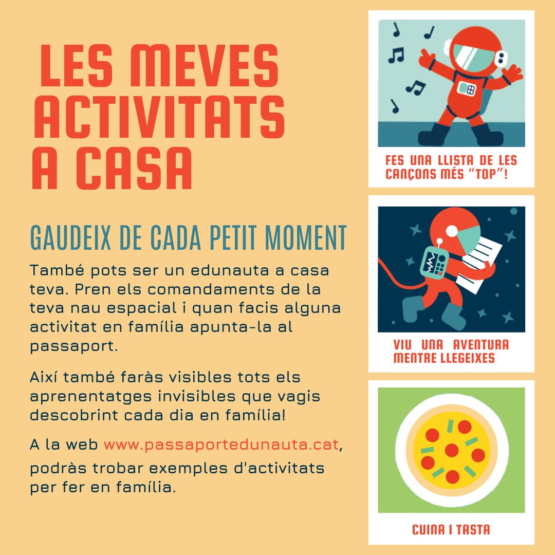 🚀Explora la galàxia des de casa

🏡Sabies que a casa teva pots ser un edunauta? A passaportedunauta.cat podràs trobar exemples d'activitats per fer en família!
 
#TgnEducacio #TGNCiutatEducadora #IMET #Educacio360 #PassaportEdunauta #EdunautesTGN