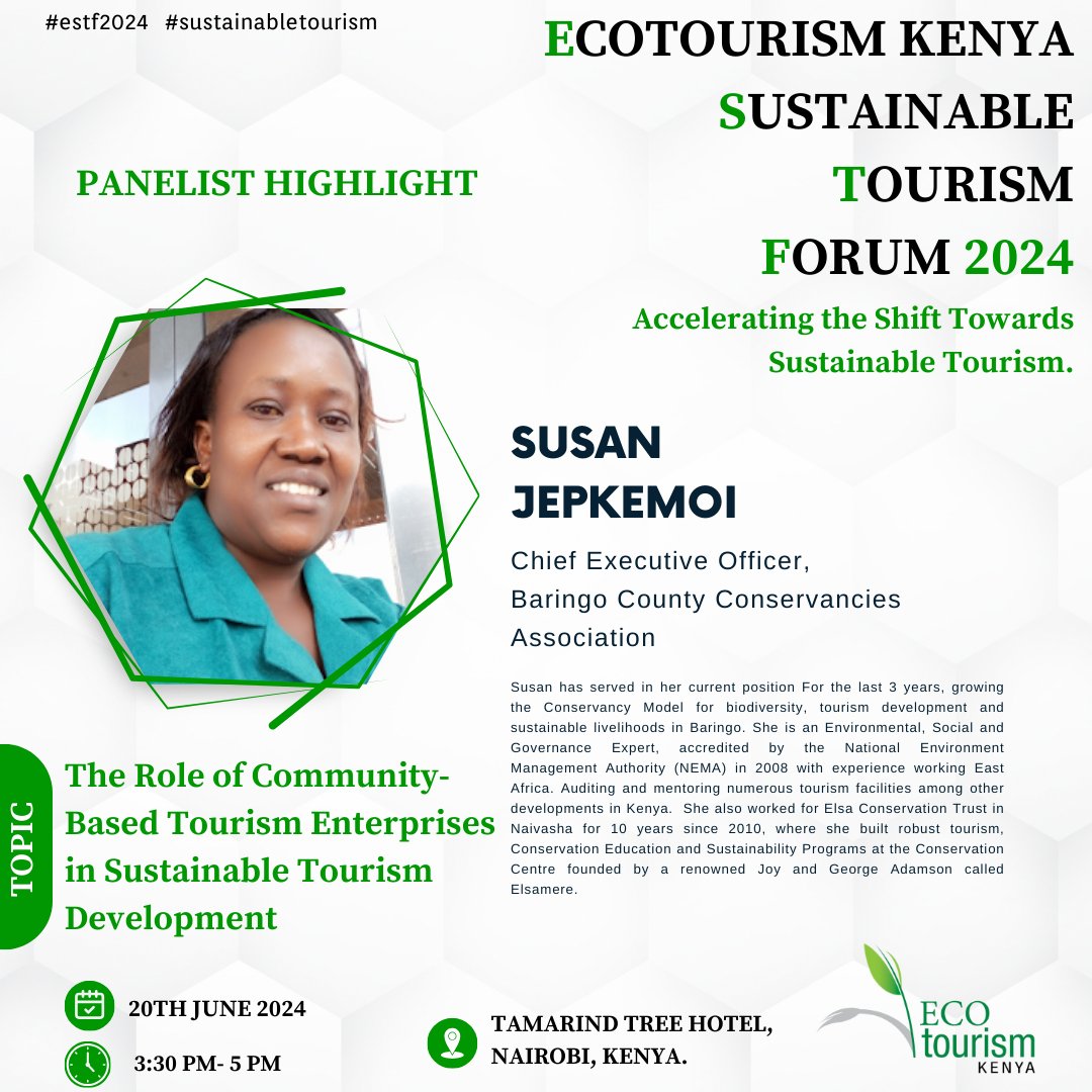 #PanelistHighlight ❇️Excited to welcome Susan NiKi Jepkemoi to the stage at @ecotourismkenya's Sustainable Tourism Forum 2024! #estf2024 +