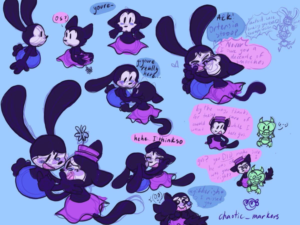 It’s been a nice change of pace to draw on paper but I wanted to draw more digital art again (thanks everyone for liking my Oswald and Ortensia art since I rly love drawing them 💙💜) 
These are just a bunch more reunion/post epic Mickey art #epicmickey #OswaldTheLuckyRabbit