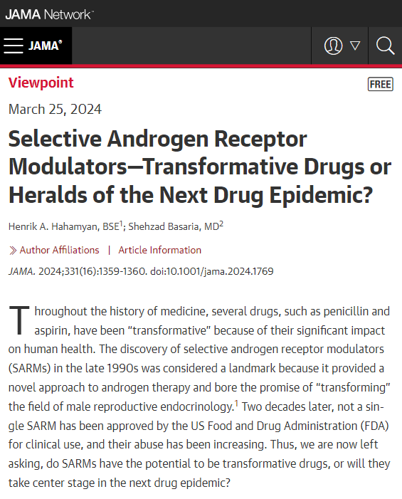 JAMA_current's tweet photo. Do selective androgen receptor modulators have the potential to be transformative drugs or do they herald the next drug epidemic? Learn more in this Viewpoint. https://t.co/nCaNMa7dNb https://t.co/4EVkglx6zN